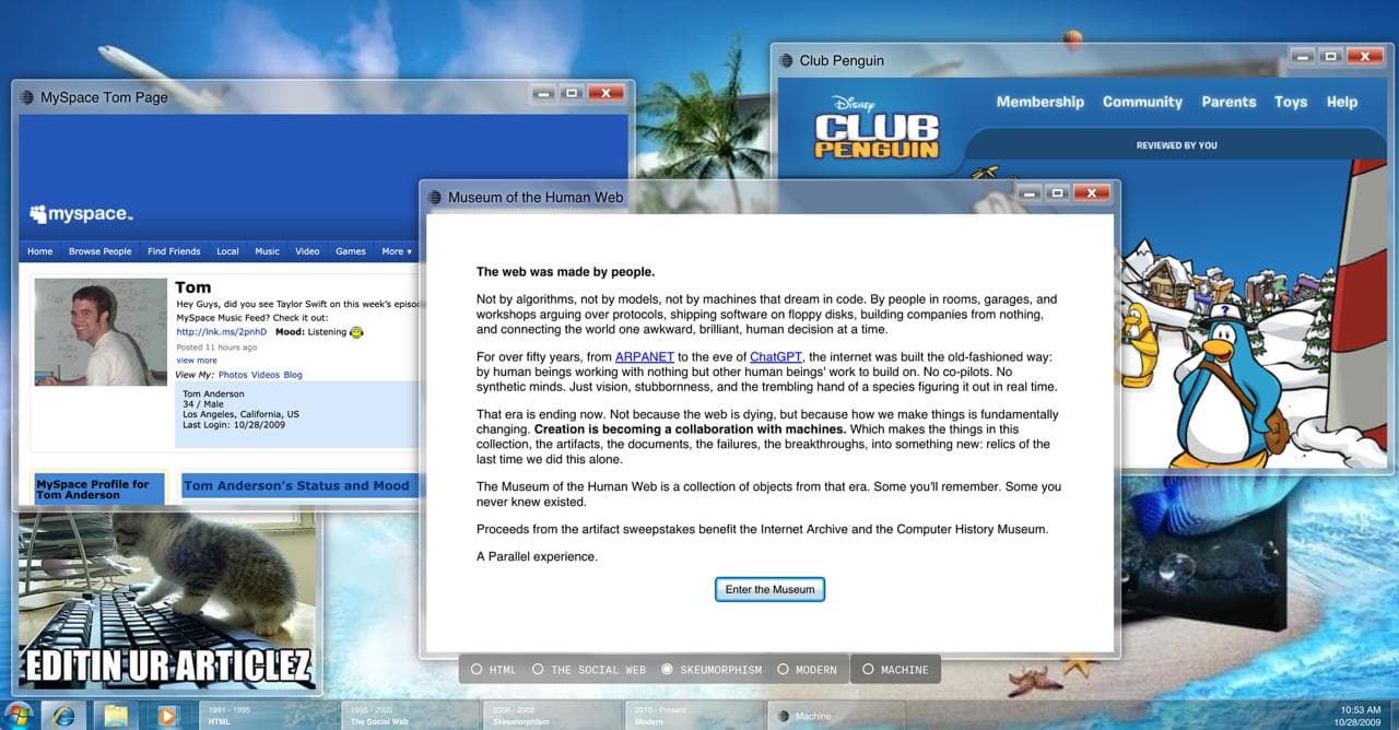 Museum of the Human Web landing page with Windows-style desktop aesthetic