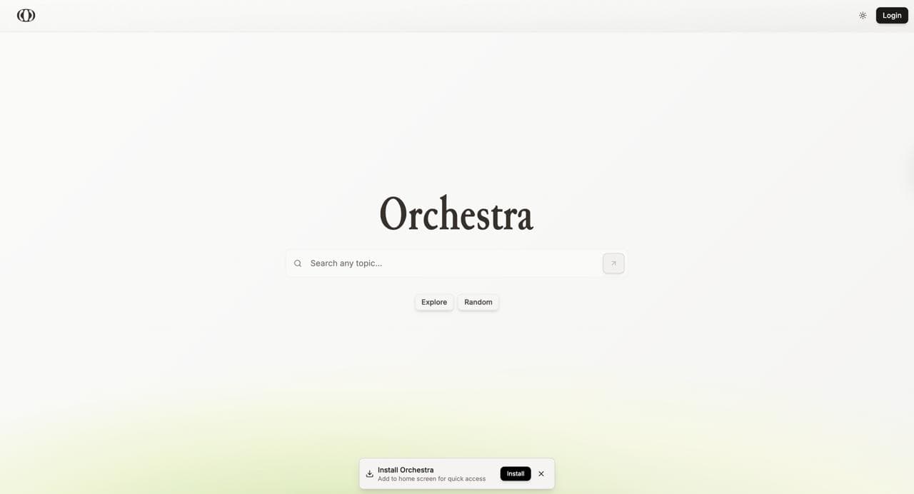 Orchestra homepage with search interface
